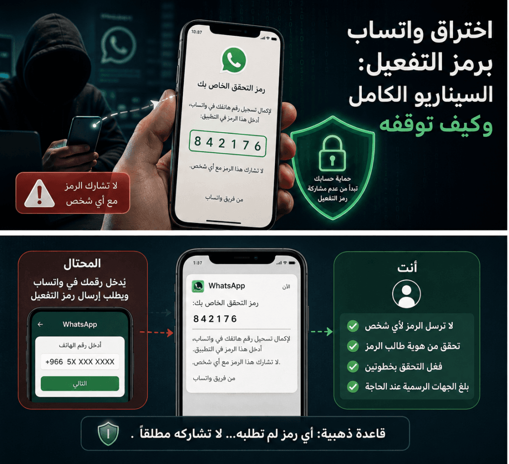 محاولة اختراق واتساب برمز التفعيل مع تحذير من مشاركة رمز تسجيل الحساب