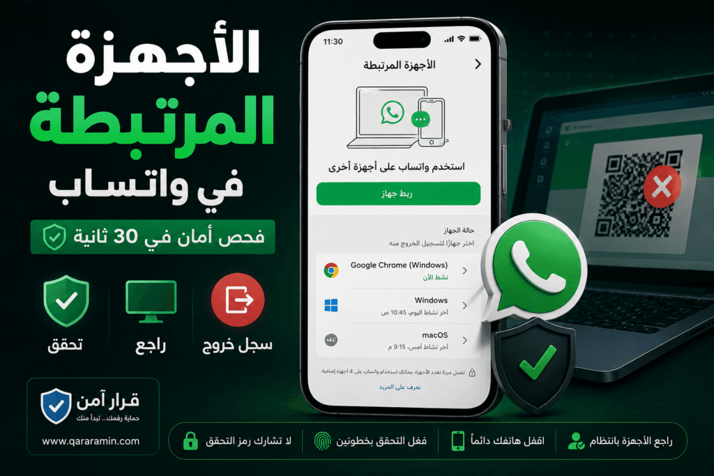 الأجهزة المرتبطة في واتساب مع هاتف يعرض جلسات نشطة وخيار تسجيل خروج الأجهزة المجهولة