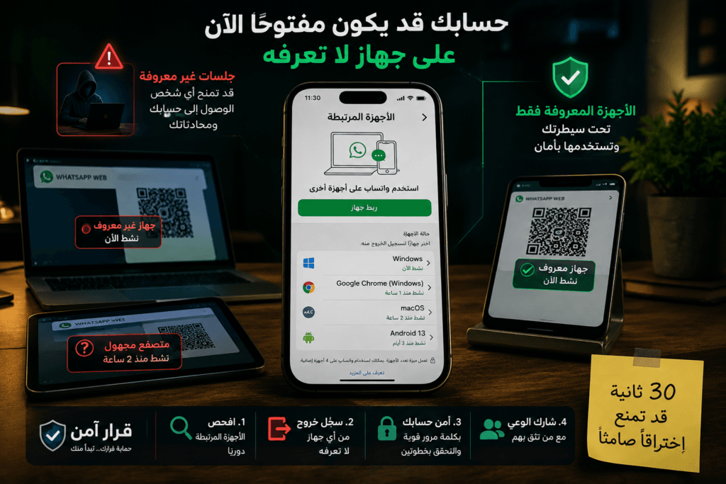 اكتشاف جهاز غير معروف ضمن الأجهزة المرتبطة في واتساب وتسجيل خروجه لحماية الحساب