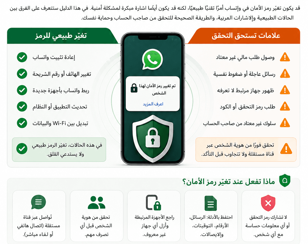 مقارنة بين أسباب تغيّر رمز الأمان الطبيعية في واتساب والعلامات التي تستدعي التحقق من الحساب.