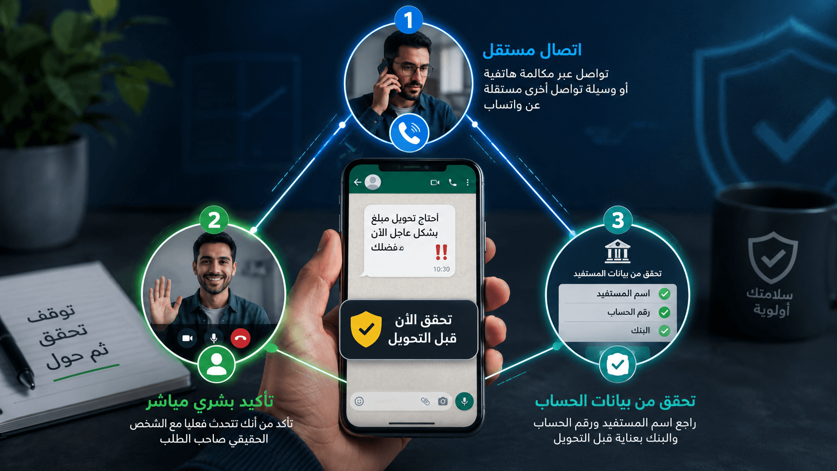 مثلث التحقق في 90 ثانية لفحص هوية المرسل واسم المستفيد قبل التحويل المالي عبر واتساب