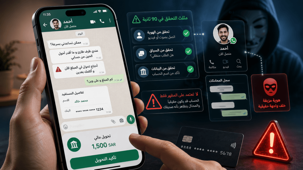 طلب تحويل مالي عبر واتساب من حساب قريب مع التحقق من الهوية واسم المستفيد قبل التحويل