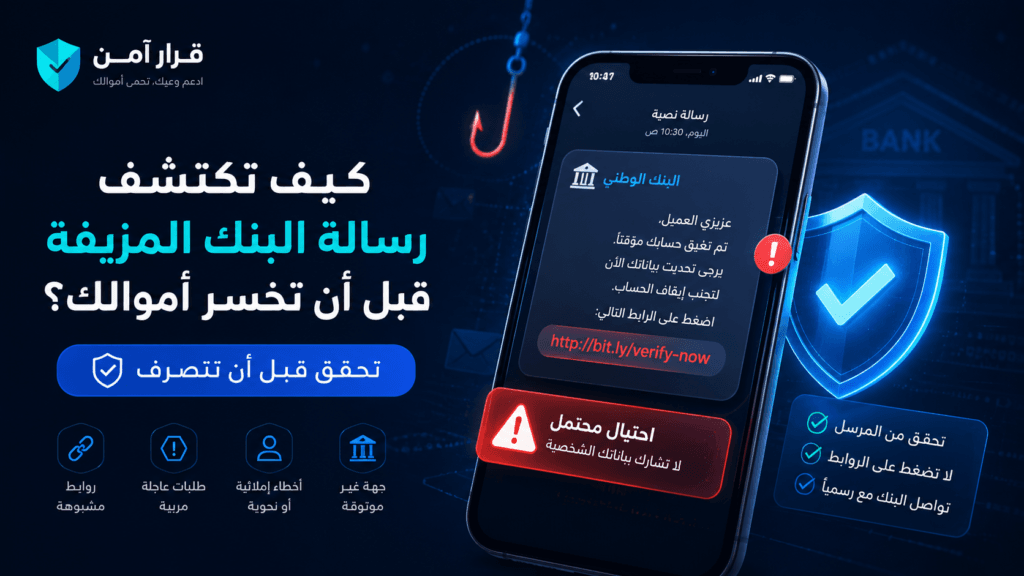 رسالة البنك المزيفة على هاتف مع رابط مشبوه وتحذير من مشاركة رمز التحقق