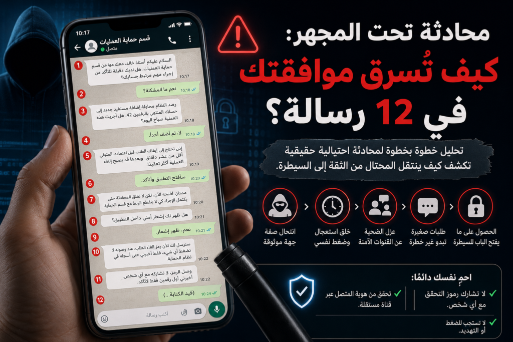 محادثة احتيالية من 12 رسالة تكشف كيف يستخدم المحتال الهندسة الاجتماعية والاستعجال والعزل لسرقة رمز التحقق والسيطرة على الحساب.
