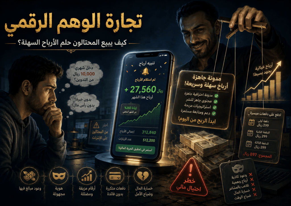 تجارة الوهم الرقمي وخداع الناس بوعود الأرباح السهلة من المدونات والدورات الجاهزة