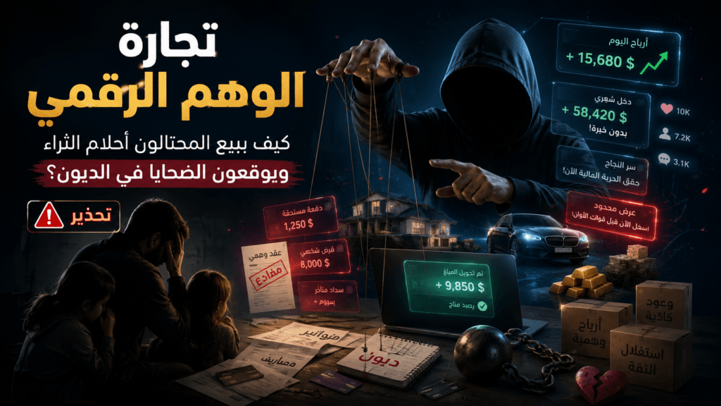 مشهد رمزي عن النصب الرقمي وبيع الوهم عبر وعود أرباح خيالية من جوجل أدسنس وخداع الناس بالثراء السريع